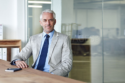 Buy stock photo Senior, businessman and expert for firm, portrait and desk in  office for recruitment. CEO, man and plan for workspace, boss and human resources at professional company for startup with suit