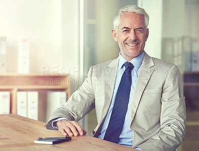 Buy stock photo CEO, businessman and suit, smile and portrait at desk in the office for consultation. Senior, man and confident for idea, executive and workspace at professional career in company for startup 