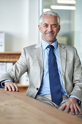 Buy stock photo CEO, businessman and portrait for work, confident and executive of company. Senior, man and professional for startup, boss and accounting at desk in office for corporate, sitting and expert career