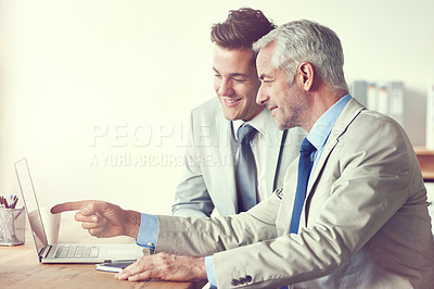 Buy stock photo Business people, laptop and meeting in office for teamwork, planning and partnership for firm pointing at tech. Corporate lawyers, technology and conference for collaboration, mentor and alliance