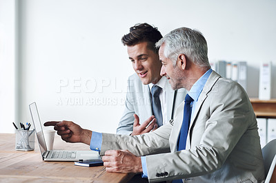 Buy stock photo Senior businessman, employee and laptop for consulting, leadership and mentor on technology. Businesspeople, ideas and advice or feedback on report, proposal and discussion or teaching in office