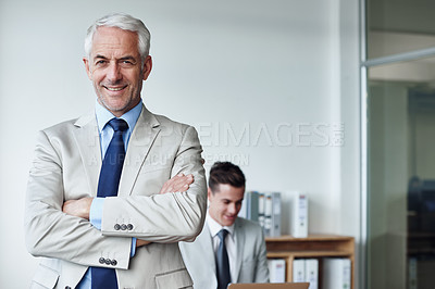 Buy stock photo Senior businessman, portrait and confidence in training, agency and expert for mentoring in office. Happy male person, arms crossed and smile for support in management, advisor and corporate pride