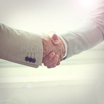 Buy stock photo Handshake, business people and agreement in partnership, meeting and thank you for recruitment. Coworkers, closeup and deal for opportunity in workplace, collaboration and support in cooperation