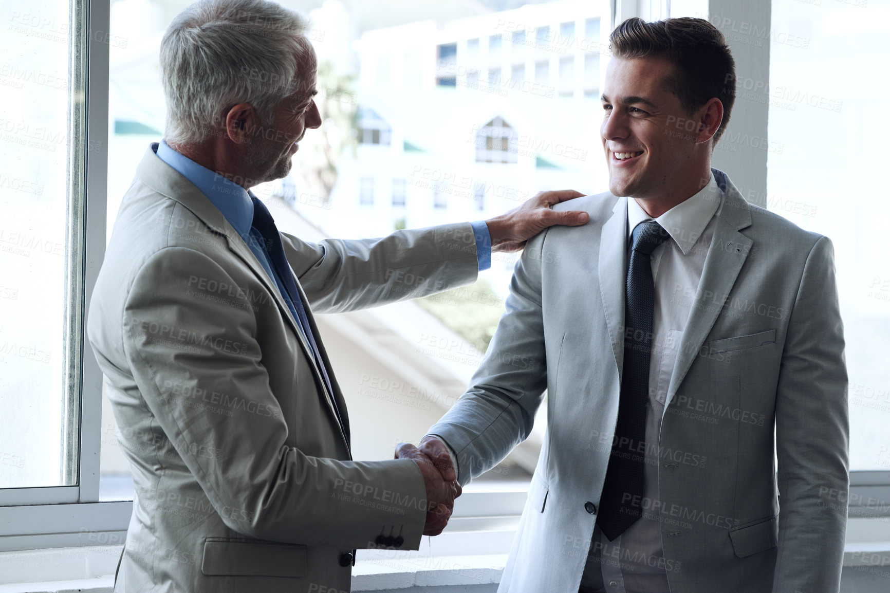 Buy stock photo Handshake, business people and agreement in promotion, congratulations and thank you for recruitment. Manager, employee and introduction or networking in office, collaboration and support in meeting