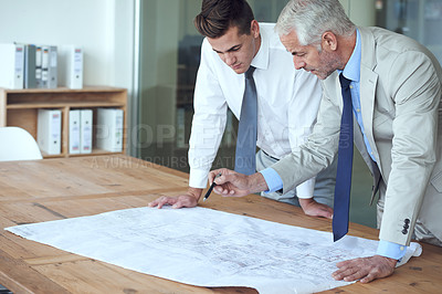 Buy stock photo Architect, desk and blueprint with men in office for planning, infrastructure ideas and creativity with pen. Building design, architecture and collaboration for work project or contractor strategy 