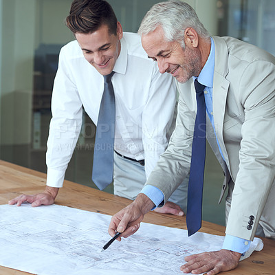Buy stock photo Architecture, desk and blueprint with men in office for planning, infrastructure ideas and creativity with pen. Building design, architect and collaboration for work project or contractor strategy 