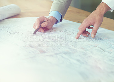Buy stock photo Architect, paper and hands of people with blueprint on desk for planning, project and floor plan design. Architecture, construction and workers with drawing for building, teamwork and collaboration