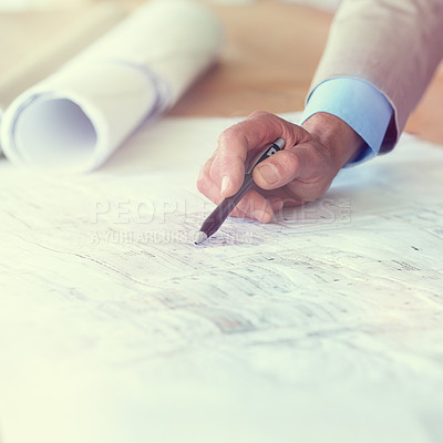 Buy stock photo Architect, pen and hands of man with blueprint on desk for planning, project and floor plan design. Architecture, construction worker and person with drawing for building, renovation and remodeling