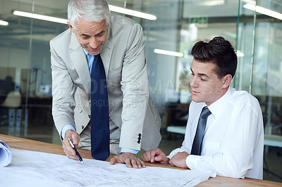 Buy stock photo Architect, teamwork and blueprint with men in office for planning, infrastructure ideas and creativity. Building design, architecture and mentor collaboration for work project or contractor strategy