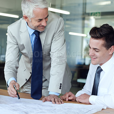 Buy stock photo Architecture, teamwork and blueprint with men in office for planning, infrastructure ideas and creativity. Building design, architect and collaboration for work project or contractor strategy