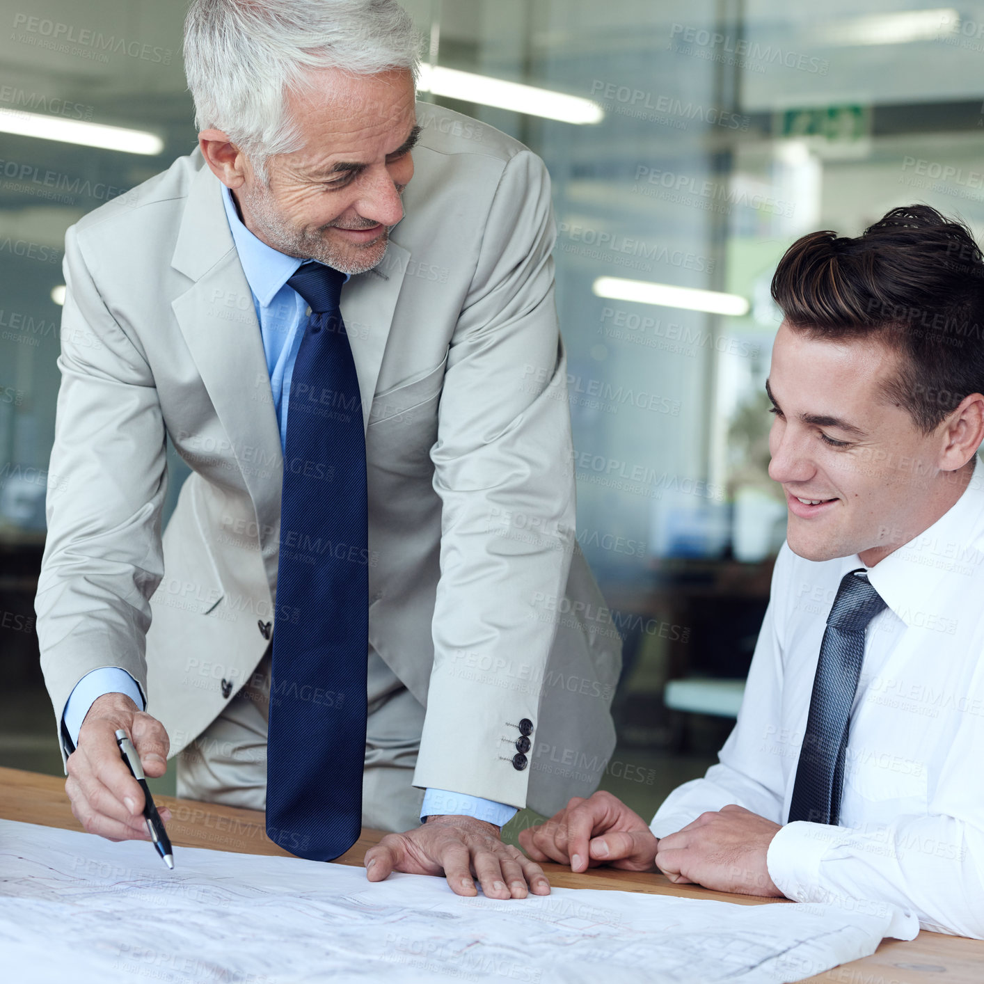 Buy stock photo Architecture, teamwork and blueprint with men in office for planning, infrastructure ideas and creativity. Building design, architect and collaboration for work project or contractor strategy