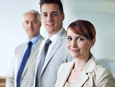 Buy stock photo Business people, portrait and confidence for partnership in office, cooperation and teamwork in workplace. Coworkers, together and pride for company vision, unity and solidarity by accountants