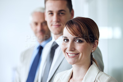 Buy stock photo Business people, portrait and confidence for support in office, cooperation and teamwork in workplace. Coworkers, together and pride for company vision, professionals and solidarity by accountants