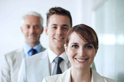Buy stock photo Business people, portrait and confidence for teamwork in office, cooperation and collaboration in workplace. Businesswoman, leadership and pride for company, smiling and solidarity by accountants