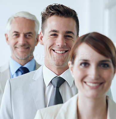 Buy stock photo Business people, portrait and confidence for work support in office, cooperation and teamwork in workplace. Coworkers, together and pride for company, colleagues and solidarity by accountants