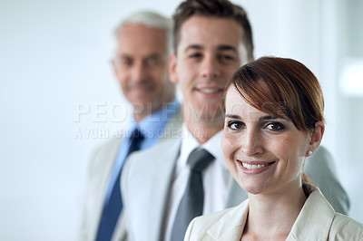 Buy stock photo Business people, portrait and confidence for coworking in office, cooperation and teamwork in workplace. Businesswoman, leader and pride for startup success, united and solidarity by accountants