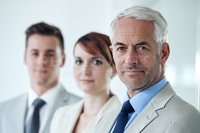 Buy stock photo Business people, portrait and confident staff in office, cooperation and teamwork in workplace. Businessman, senior manager and pride for startup success, leadership and solidarity by accountants