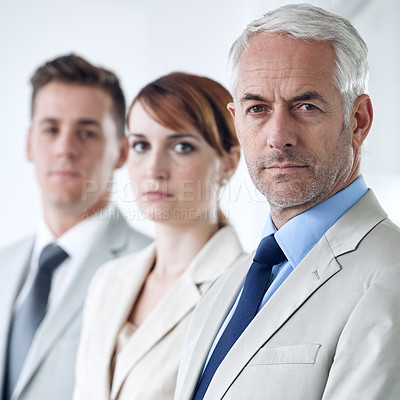 Buy stock photo Business people, portrait and confident employees in office, cooperation and teamwork in workplace. Businessman, senior manager and pride for startup success, leadership and solidarity by accountants