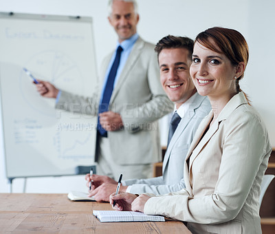 Buy stock photo Portrait or business people or boss teaching in a meeting for presentation, coaching or team training. Smile, man or woman in boardroom meeting for skills, group learning or education in a mentorship