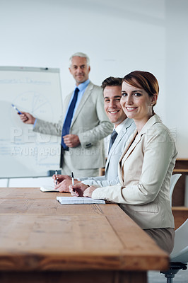 Buy stock photo Portrait, business people or employees in meeting for presentation, coaching or team training. Smile, man or happy woman in boardroom or office for skills, group learning or education in a mentorship