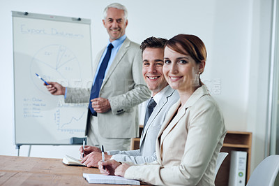 Buy stock photo Meeting, presentation and business people, portrait and strategy with collaboration or corporate training session. Seminar, information and CEO with whiteboard, smile for teamwork and planning