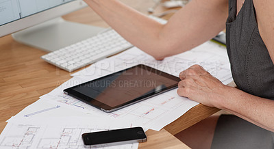 Buy stock photo Architecture, hands and tech with design for planning, housing development and renovation in office. Person, blueprint or tablet screen in firm for digital drawing, innovation or project management