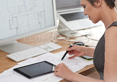 Buy stock photo Architecture, woman and plan on computer screen for design, housing development and renovation in office. Designer, blueprint and tech in firm for digital drawing, innovation and project management