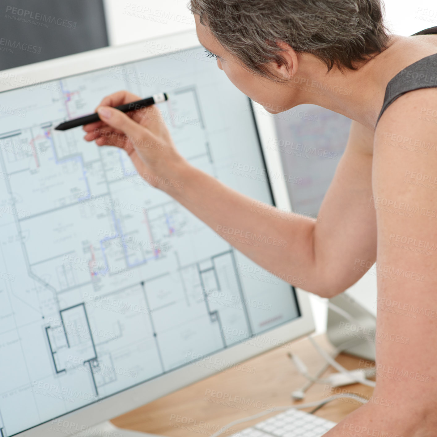 Buy stock photo Architecture, woman and drawing on computer screen for design, housing development and renovation in office. Designer, blueprint and tech in firm for digital plan, innovation and project management