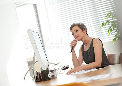 Buy stock photo Mature woman, architect and thinking with computer, blueprint or design for project in office. Female person, professional and technology as designer or creative in management, company or development