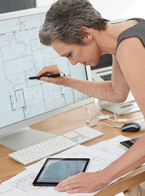 Buy stock photo Architecture, woman and drawing on computer screen with tablet, housing development and reference in office. Architect, blueprint and tech in firm for digital plan, innovation and project management