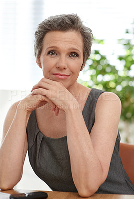 Buy stock photo Mature, business woman and portrait in office with career confidence, legal advisor and manager. Guidance professional, smile and pride at desk for dispute resolution, litigation and corporate law