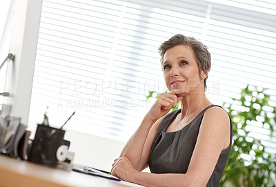 Buy stock photo Architect, business and woman thinking in office for planning, renovation proposal and architecture. Mature, female person and computer for remodeling research, property project and development email