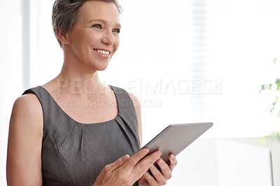 Buy stock photo Thinking, digital and mature woman with tablet, professional and ideas for financial report and accountant. Happy, online and person with app for planning, corporate and project with tech or business