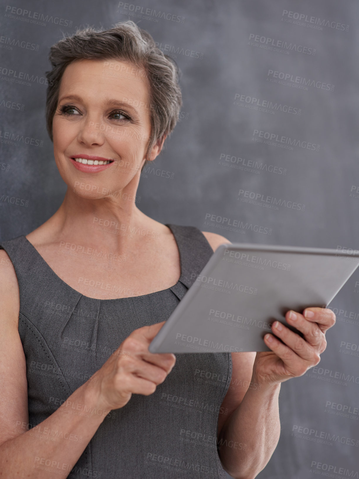 Buy stock photo Thinking, project and mature woman with tablet, professional and ideas for financial report and accountant. Digital, online and person with app for planning, corporate and business with tech or smile