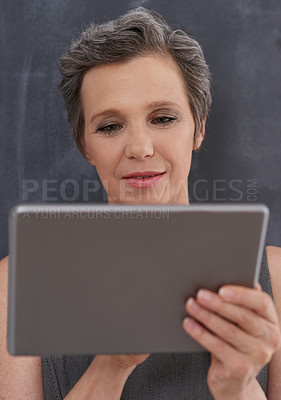 Buy stock photo Reading, smile and mature woman with tablet, professional and ideas for financial report and accountant. Digital, online and person with app for planning, corporate and project with tech and business