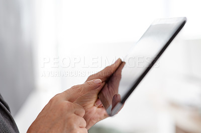 Buy stock photo Person, hands and tablet in office for business, connectivity and schedule app for productivity. Closeup, tech and entrepreneur in workplace for research, connection and networking for startup growth