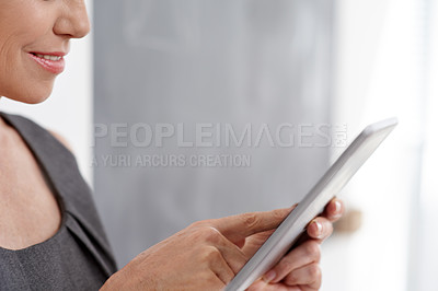 Buy stock photo Thinking, hands and woman with tablet, professional and ideas for financial report and accountant. Digital, online and person with app for planning, corporate and project with tech and business