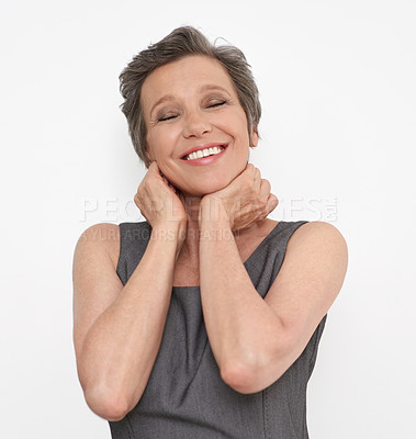 Buy stock photo Pride, winning and success with businesswoman in studio isolated on white background for celebration. Face, eyes closed or goals with happy worker with joy or smile for target, achievement or victory