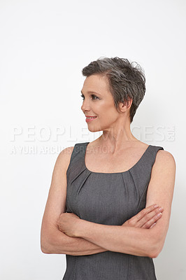 Buy stock photo Studio, mature woman and thinking with arms crossed for corporate, inspiration and project ideas. Career, female person and happy ceo with pride for planning, business experience and white background