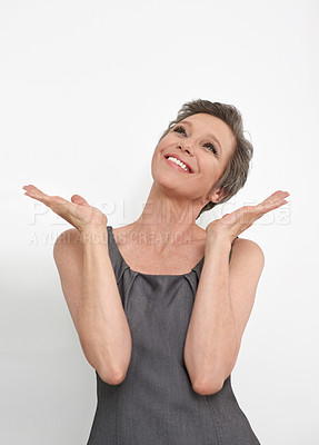 Buy stock photo Wow, promotion and success with businesswoman in studio isolated on white background for celebration. Mature, winning or goals with happy worker with joy or smile for target, achievement or victory