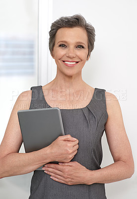 Buy stock photo Technology, happy and portrait of businesswoman in studio for KPI reports, research or email communication. Smile, tablet and mature female financial executive from London by white background