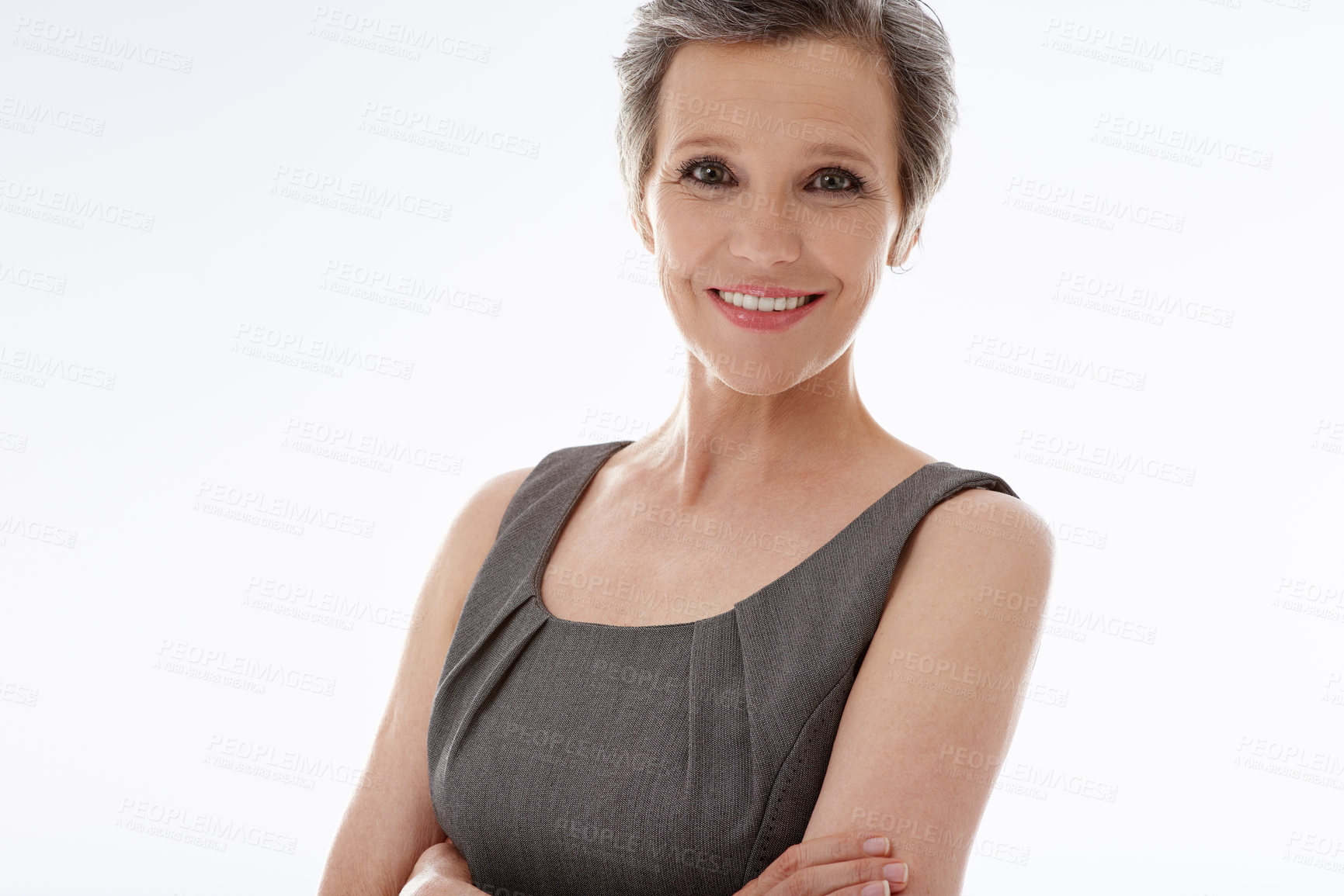 Buy stock photo Studio, mature woman and portrait with pride for corporate, executive or project progress with smile. Career, female person or ceo with arms crossed for business experience, happy or white background