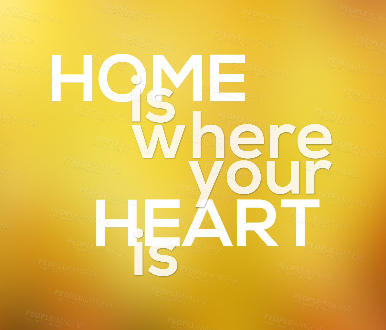 Buy stock photo Word, heart in home and text on yellow background for family real estate, mortgage and property. Design, poster and text, quote and message on wallpaper for decoration, inspiration and welcome sign