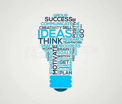 Buy stock photo Lightbulb, seo and business word cloud text in a drawing of success and corporate ideas. Visionary, motivation and company innovation litters and words with isolated white background and no people