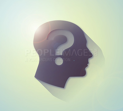 Buy stock photo Illustration, question mark and head icon for contact information as design, wallpaper or background. Symbol, emoji and don't know knowledge as confused doubt as caller id, punctuation sign or poster