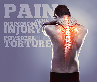 Buy stock photo Man, back pain and red glow in studio with spine, injury and stress at workout, exercise or training. Guy, model and banner with text for emergency, accident and skeleton overlay by gray background