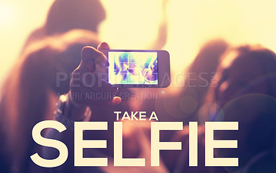 Buy stock photo Selfie, overlay and phone screen at a music festival for photography, memory or profile picture. Word, smartphone and friends in crowd of concert with app for social media, streaming or blog content