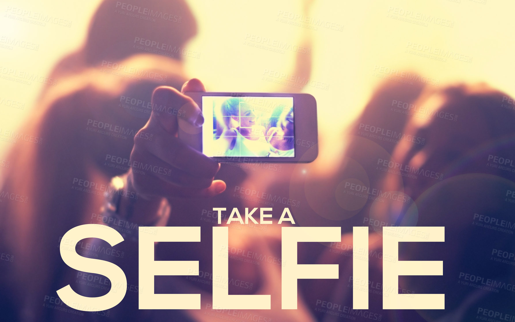 Buy stock photo Selfie, overlay and phone screen at a music festival for photography, memory or profile picture. Word, smartphone and friends in crowd of concert with app for social media, streaming or blog content