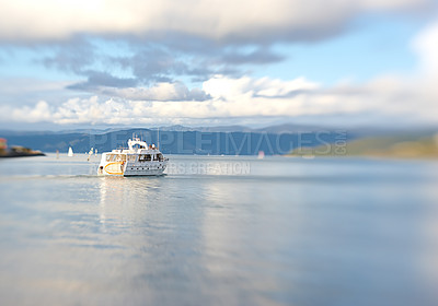 Buy stock photo Boat, water or lake and people in nature for adventure, travel and movement in environment. Earth, sailors and yacht with watercraft for entertainment and outdoor activity in Norway for summer break