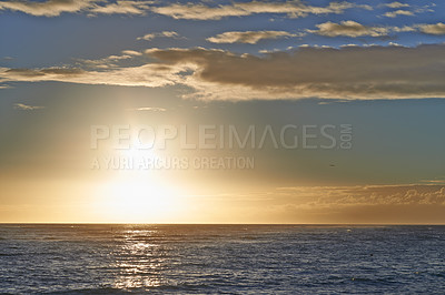 Buy stock photo Sunset, ocean and blue sky with water in nature landscape for natural environment of tropical horizon in summer. Beach, sunrise and clouds with sea waves, peace and morning inspiration for adventure